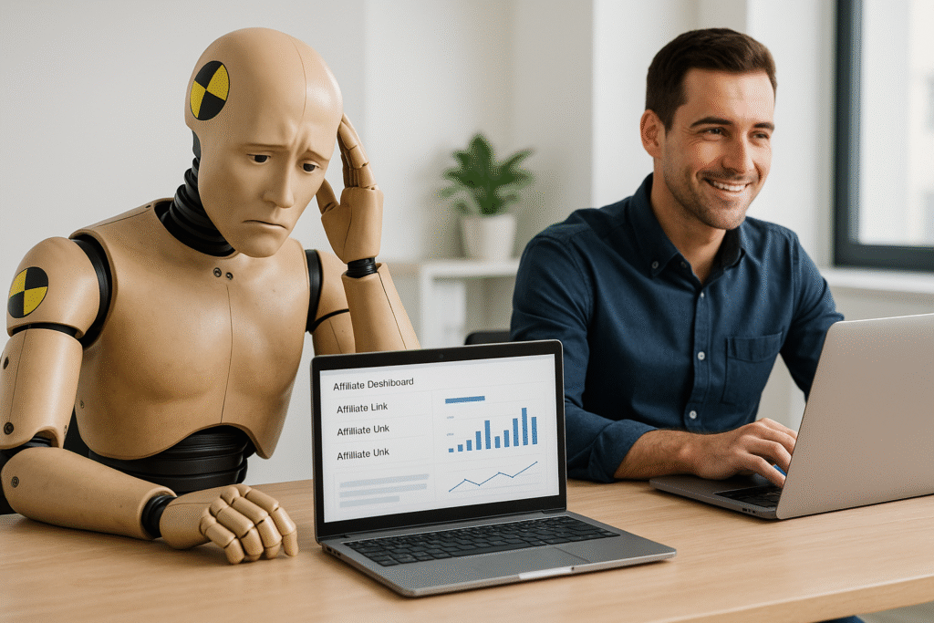 A crash test dummy struggles at a laptop with affiliate links while a human beside it succeeds, symbolizing the difference between a “dummie” affiliate and a trained one.