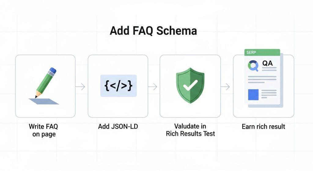 Flat vector infographic showing four steps to add FAQ schema: 1) pencil icon with “Write FAQ on page,” 2) code bracket icon for “Add JSON-LD,” 3) shield with checkmark for “Validate in Rich Results Test,” 4) search result card with Q&A for “Earn rich result.” Clean, high-contrast panels on a light grid background in blue and green, no text blocks or logos, beginner-friendly and easy to skim.

