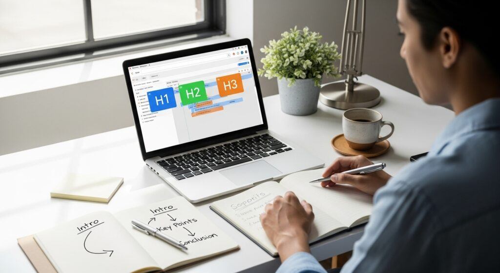 Blogger creating a blog post with H1, H2, and H3 headings highlighted, showing how headings improve SEO and readability.