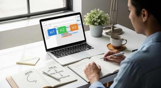 Blogger creating a blog post with H1, H2, and H3 headings highlighted, showing how headings improve SEO and readability.