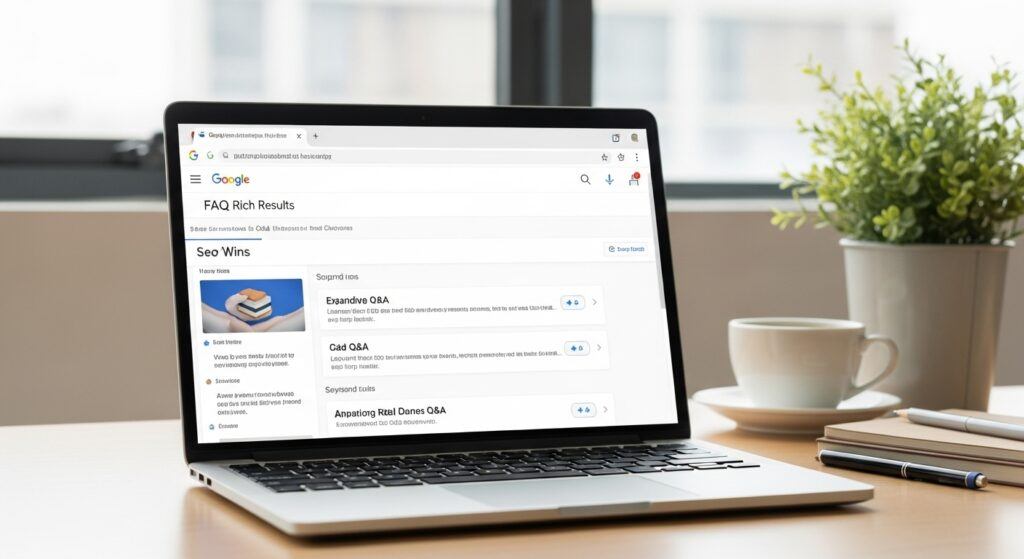 Bright, minimal hero image of a laptop on a desk showing Google search results with expandable FAQ rich results under a listing. Foreground shows clear, generic Q&A boxes with crisp UI, no logos. Background includes a notebook, coffee cup, and small plant in soft daylight. Clean, trustworthy look, beginner-friendly, no text overlays or watermarks.