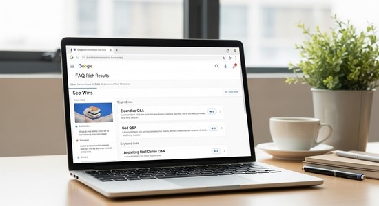 Bright, minimal hero image of a laptop on a desk showing Google search results with expandable FAQ rich results under a listing. Foreground shows clear, generic Q&A boxes with crisp UI, no logos. Background includes a notebook, coffee cup, and small plant in soft daylight. Clean, trustworthy look, beginner-friendly, no text overlays or watermarks.