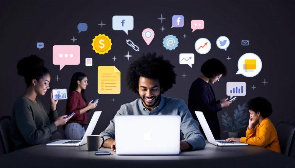 People using laptops and phones for affiliate marketing from home, with icons representing earnings and online content creation.