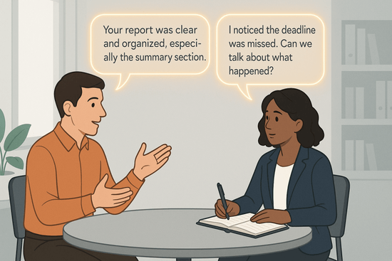 Illustration of two coworkers having a thoughtful feedback conversation, with one listening attentively and the other speaking calmly.