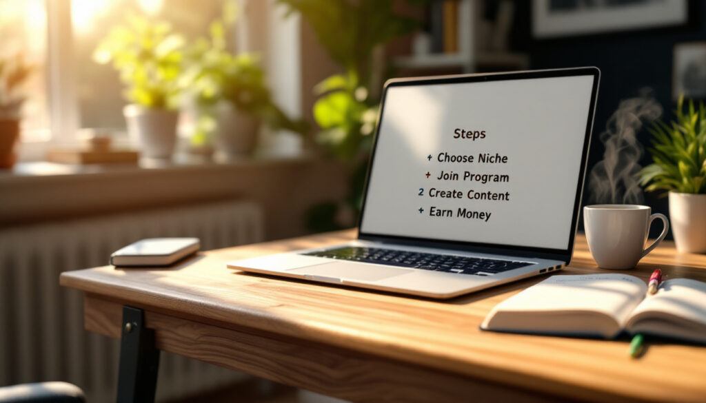 Affiliate marketing beginner’s guide shown on laptop in a modern desk setup.