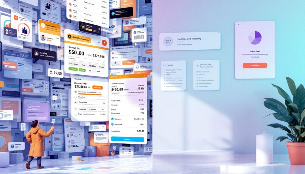 Split screen showing a crowded upsell checkout on the left and a clean Wealthy Affiliate dashboard on the right.