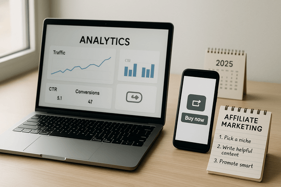 Laptop showing analytics dashboard with traffic and conversions beside a phone displaying a “Buy now” button, a notepad listing affiliate marketing steps, and a 2025 calendar — affiliate marketing strategies 2025 workspace.