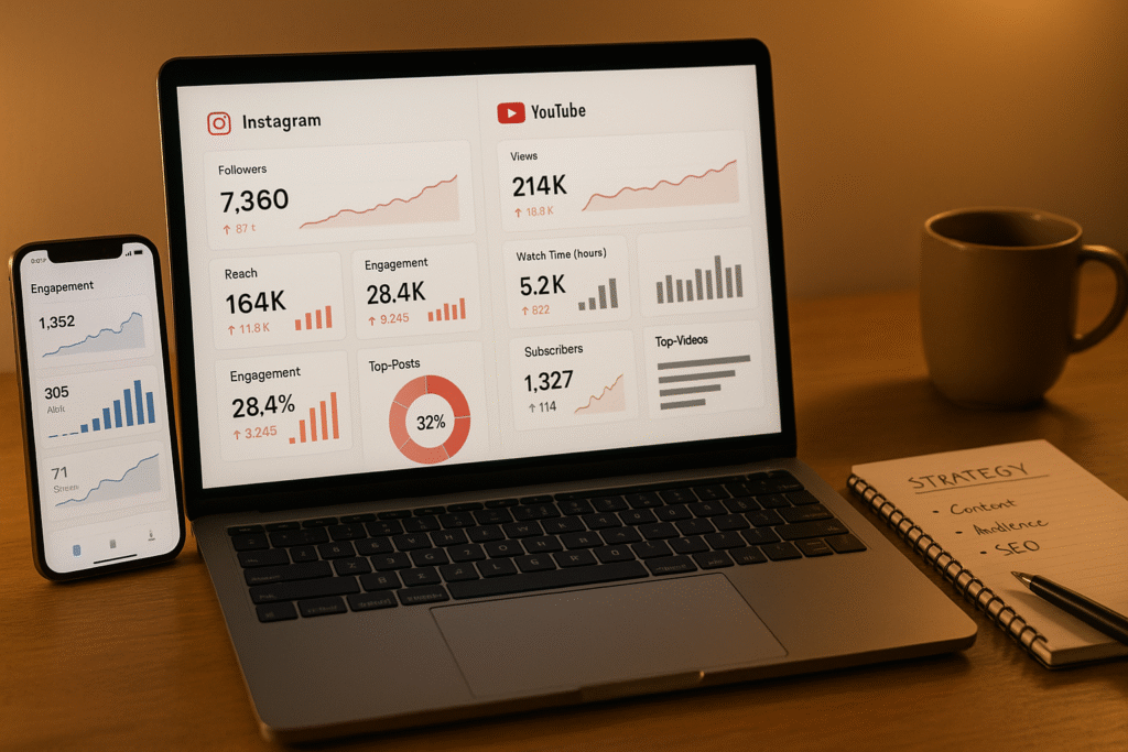 Workspace showing social media tools used to grow a niche following on Instagram and YouTube.