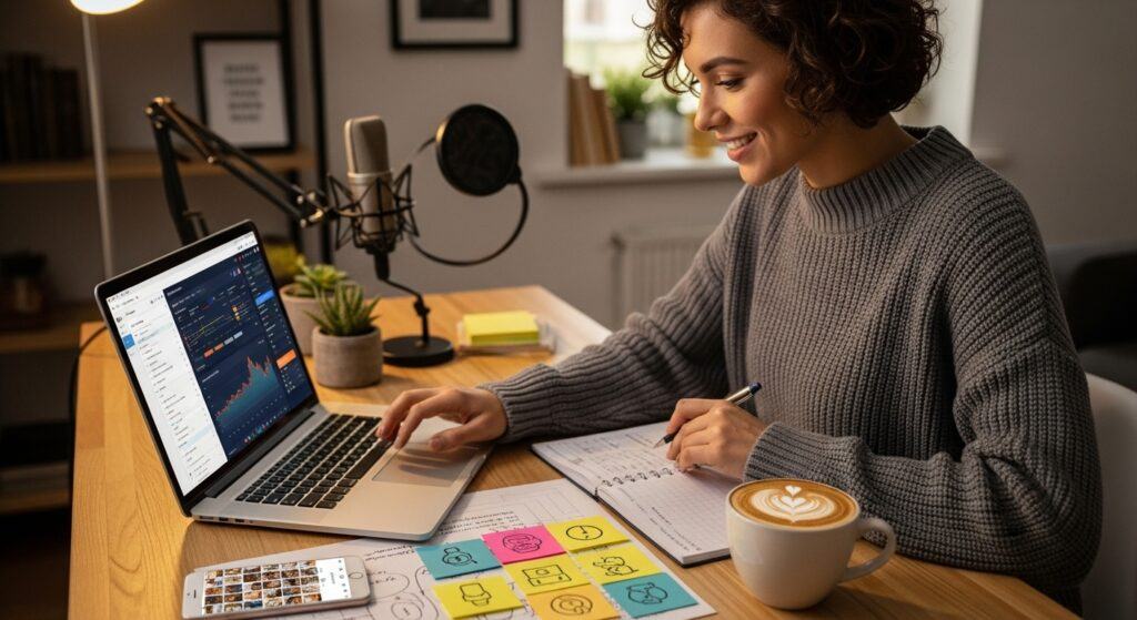 content creator studying social media analytics to find their niche audience