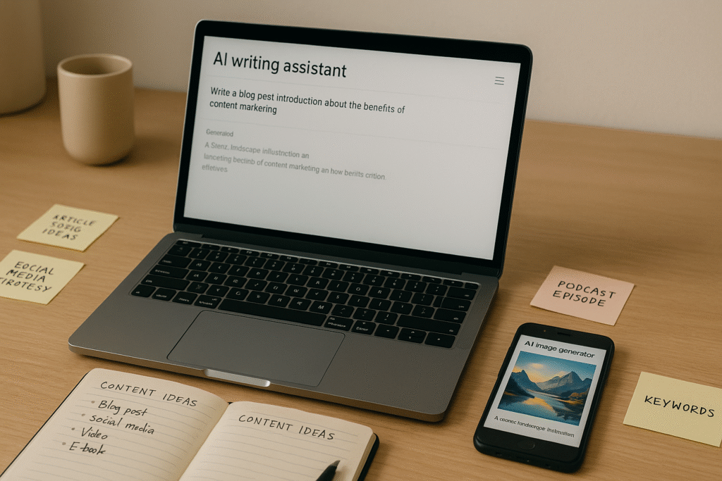 Workspace showing tools used for AI content creation with a laptop, notes, and a phone.