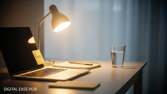 Clean writing desk with a laptop and notepad used to show how to stay focused while writing.