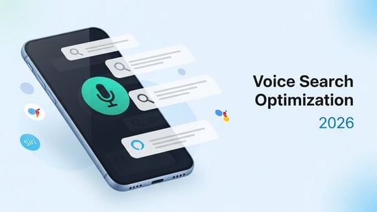 Smartphone showing voice assistant interface with search results, representing voice search optimization in 2026