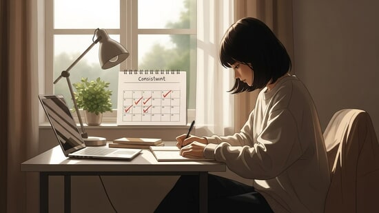 Person working quietly at a desk by a sunlit window, marking steady progress in a planner to represent slow consistent growth toward their goals.